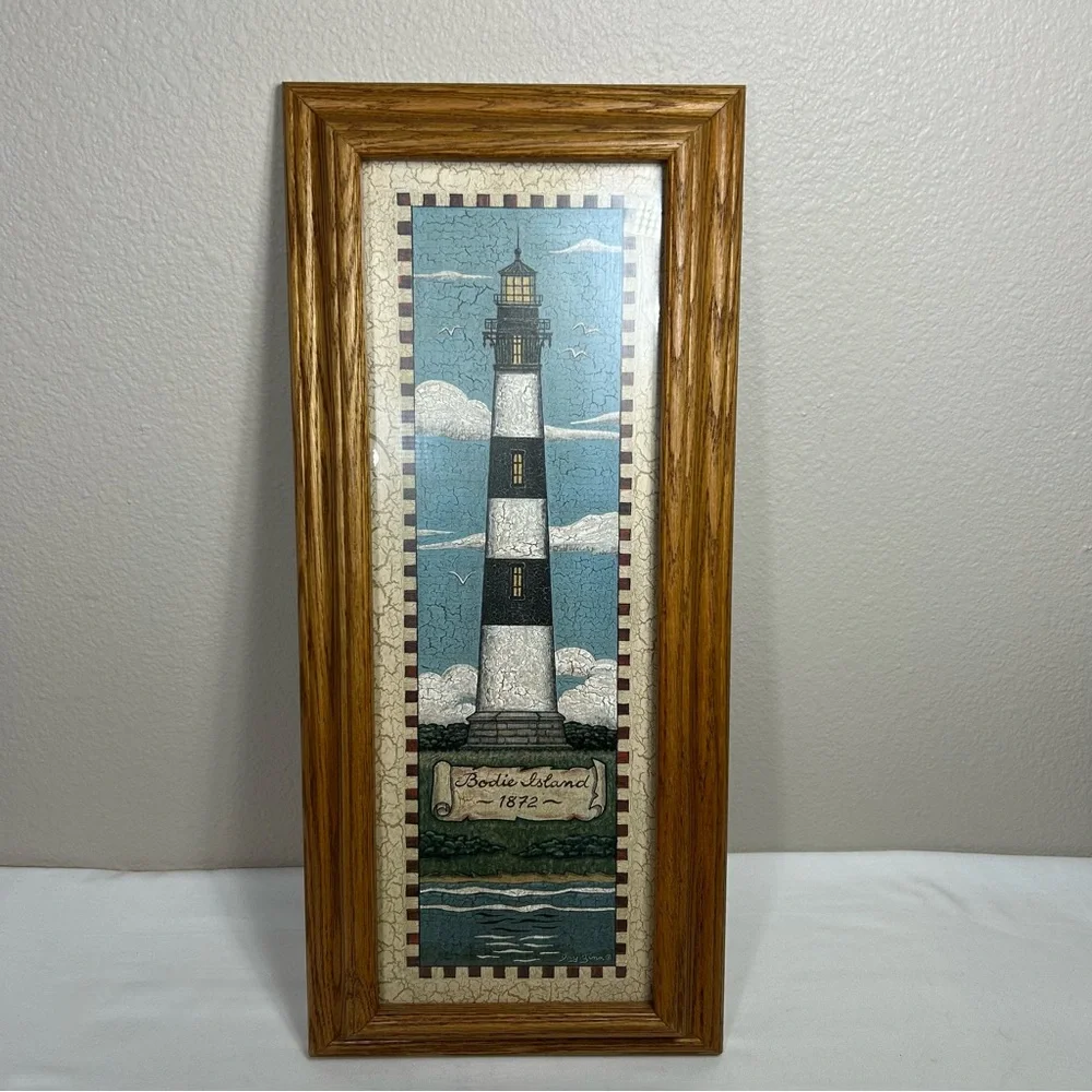 2 VTG Jay Zinn Crinkled Bodie Island -Portland Head Lighthouse Prints Wood Frame